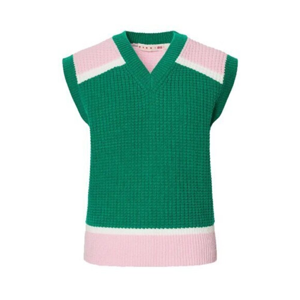 Marni Green V-Neck Knit Vest with Pink & White Trim
